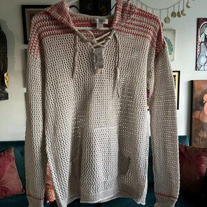 CHRISTOPHER & BANKS size S Beige & Coral Open Weave Hooded Sweater with Pocket